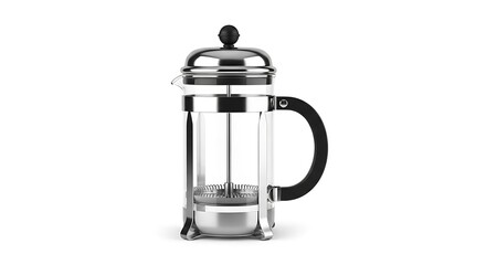 Shiny metal and glass french press coffee maker with black handle isolated on white background