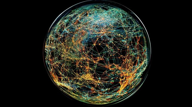 Abstract global network visualization with colorful lines, digital connections, and intricate patterns representing technology and communication in modern society