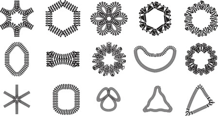 A collection of black and white abstract geometric shapes and decorative radial frames.
