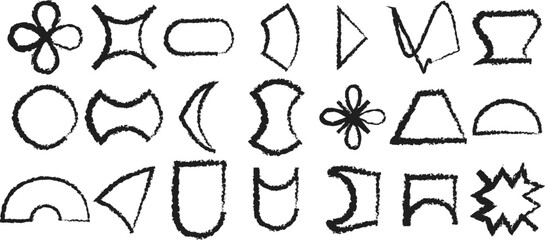 A collection of diverse hand-drawn black and white abstract shapes and artistic frames.