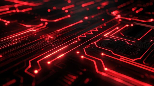 Abstract Close-up of a Dark Circuit Board with Glowing Red Lines and Patterns Creating a Futuristic Technology Background