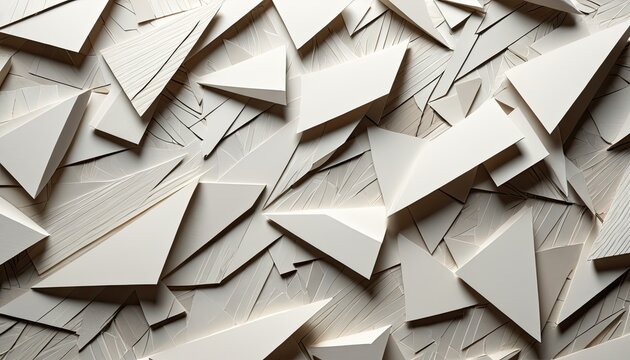 Abstract composition of textured white angular geometric shapes