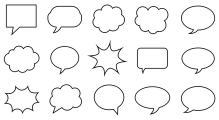 Collection of hand drawn speech bubbles and thought bubbles in various shapes and styles on a white background