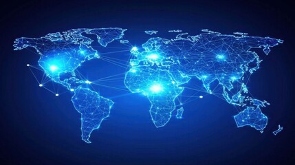 Digital Global Network Map Showcasing World Connections with Bright Points and Lines Reflecting Data Transmission and Technological Connectivity