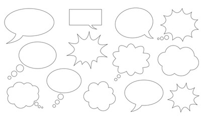 Collection of hand drawn speech bubbles and thought bubbles in various shapes and sizes on white background