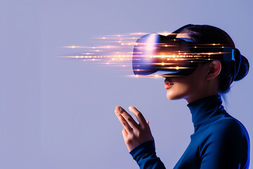 Immersive future vision: Woman exploring virtual reality with sleek VR headset and futuristic light trails, experiencing digital innovation and advanced technology