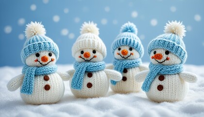 Knitted snowmen, festive winter scene with snow and falling flakes