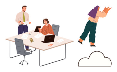 Office workers reviewing documents and using a laptop at a desk, while a character uploads files to a cloud. Ideal for teamwork, technology, file sharing, brainstorming, productivity, remote work