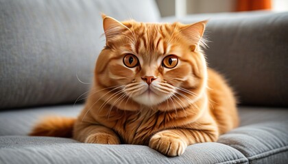 Fluffy orange cat resting on a gray couch, gazing forward with intense focus