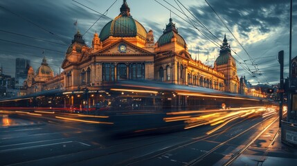 Naklejka premium Majestic Historic Train Station Illuminated at Dusk with Bright Tram Lights in Melbourne Australia