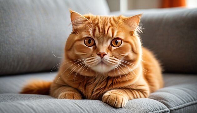Fluffy orange cat resting on a gray couch, gazing forward with intense focus