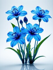 Naklejka premium Vivid, vibrant blue lilies with green leaves against a white backdrop