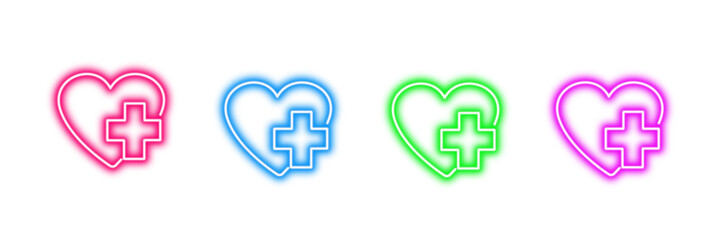 Neon glowing medical heart with cross vector icons set, health, care, first aid, emergency, support, wellbeing, vibrant colorful digital design illustration on transparent background.