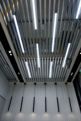 Hall or office ceiling design with rows of fluorescent lamps.