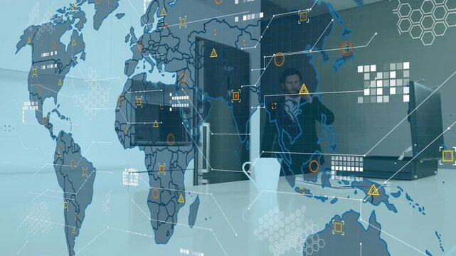 Businessman approaching kitchen responding to world map alerts by calling with network overlay