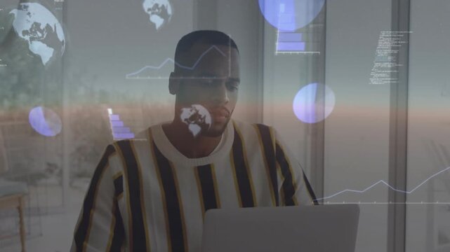 Data analyst opening laptop and analyzing globe icons pie and line graphs exploring data patterns