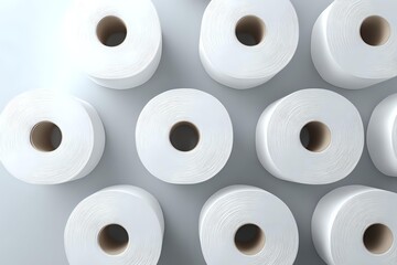 White toilet paper rolls arranged in rows on light gray background, top view composition showing essential household supplies and hygiene products.
