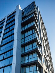 Obraz premium Modern high-rise building with glass windows, under clear blue sky