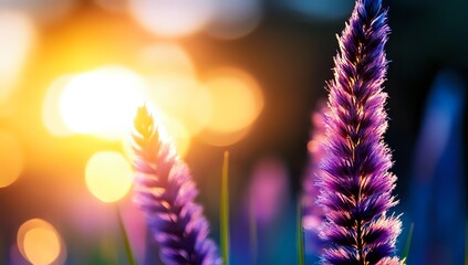 Purple ornamental grass plumes against blurred golden bokeh sunset background, soft focus macro photography creates dreamy nature atmosphere.