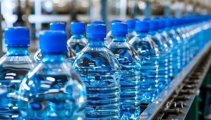 Rows of plastic water bottles with blue caps on industrial conveyor belt, manufacturing production line in bottling facility. Clear liquid packaging process.