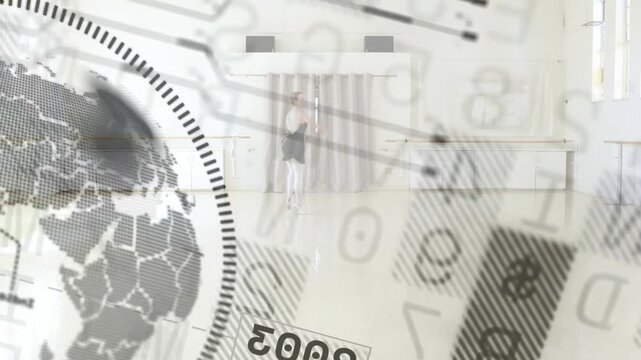 dance alphanumeric drifting barre dancer moving arabesque to plie then releve as globe rotating