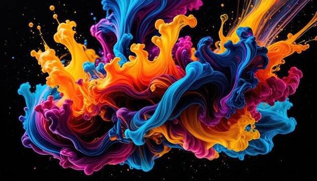 Vibrant ink cloud bursts with dynamic colors against a black background