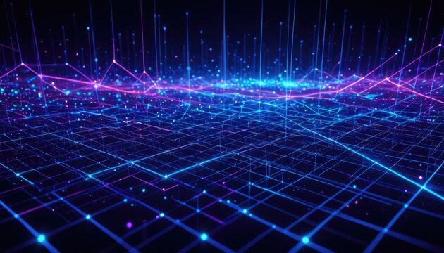 Abstract digital landscape with glowing lines, dots, and data visualization