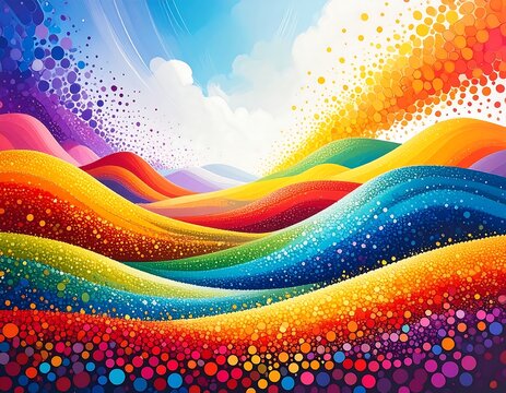 Vibrant, abstract landscape with swirling, colorful hills and clouds of dots