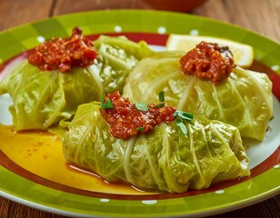 Three cabbage rolls on a plate, topped with a tomato-based sauce.  Fresh, vibrant, and flavorful