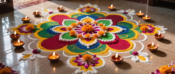 Diwali Flatlay Advertisement Tiled Floor Rangoli Patterns Colored Powders Flower Petals Diyas Natural Light Vibrant Colors Cultural Artistry