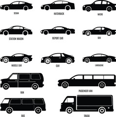 Obraz premium Automobile Silhouettes – Sedan, SUV, Bus, Truck, Van Vector Pack