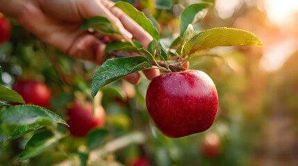 Fresh ripe red apple on tree branch with green leaves in orchard during harvest season, hand picking fruit in warm sunlight, natural organic produce.