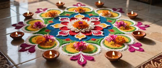 Diwali Flatlay Advertisement Tiled Floor Rangoli Patterns Colored Powders Flower Petals Diyas Natural Light Vibrant Colors Cultural Artistry