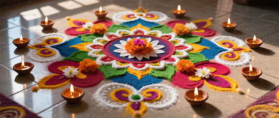 Diwali Flatlay Advertisement Tiled Floor Rangoli Patterns Colored Powders Flower Petals Diyas Natural Light Vibrant Colors Cultural Artistry