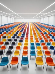 Naklejka premium Rows of colorful chairs fill a modern, white room, perspective view