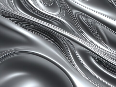 Abstract metallic flowing wavy polished surface. Fluid, silvery and glossy with light reflections