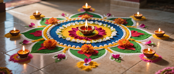 Diwali Flatlay Advertisement Tiled Floor Rangoli Patterns Colored Powders Flower Petals Diyas Natural Light Vibrant Colors Cultural Artistry