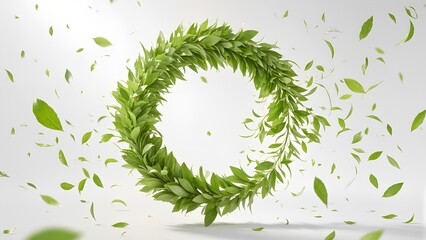 3D green leaf wreath in circular shape, eco style, natural freshness on white background with copy space