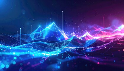 Glowing digital mountains with data points, futuristic neon colors