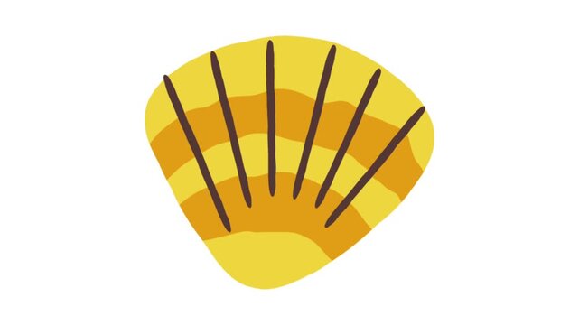 Animated yellow orange seashell illustration with dark stripes in simple flat cartoon beach design
