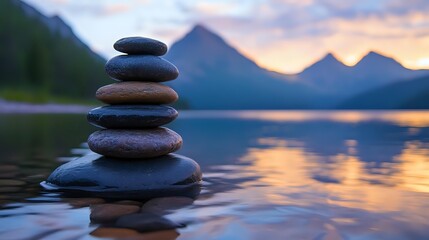 Balanced stack of zen stones at mountain lake during sunset with colorful sky reflection in calm water. Peaceful meditation and wellness concept.