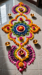 Diwali Flatlay Advertisement Tiled Floor Rangoli Patterns Colored Powders Flower Petals Diyas Natural Light Vibrant Colors Cultural Artistry