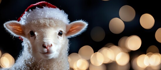 Young white lamb portrait with soft wool against dark background with golden bokeh lights creating magical holiday atmosphere for Christmas cards.
