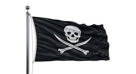 Fototapeta premium Black pirate flag with skull and crossbones waving on a flagpole isolated on white background