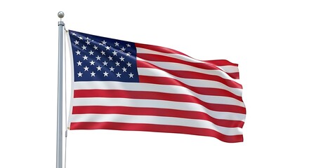 Obraz premium Waving american flag on a metal pole isolated on white background