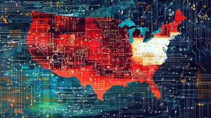 Abstract Representation of the United States with Digital Circuit Patterns and Bright Color Combinations Illustrating Technology and Connectivity