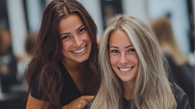 Two smiling young women with long hair, brunette and blonde, wearing casual attire pose together in natural lighting, expressing genuine friendship and joy.