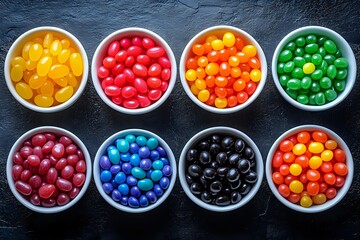Colorful candy assortment in white ceramic bowls arranged on dark slate background, featuring vibrant jellybeans and round sweets in rainbow colors.
