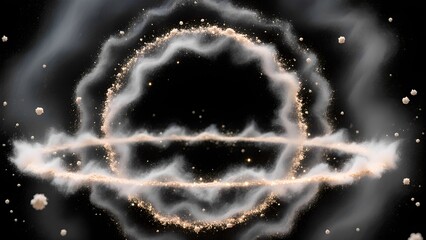 Abstract cosmic dust ring in motion, glowing particles and smoke trails, space energy concept on black background with copy space