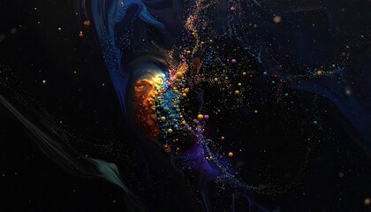 Abstract cosmic art with colorful particles and fluid dynamics on dark background